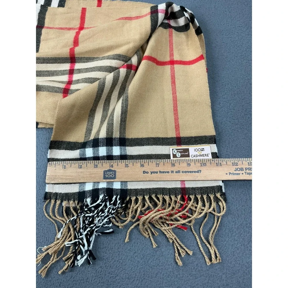 Kennedy Scotland Scarf Womens Beige Cashmere Plaid Rectangle Fringe Neck Warmer